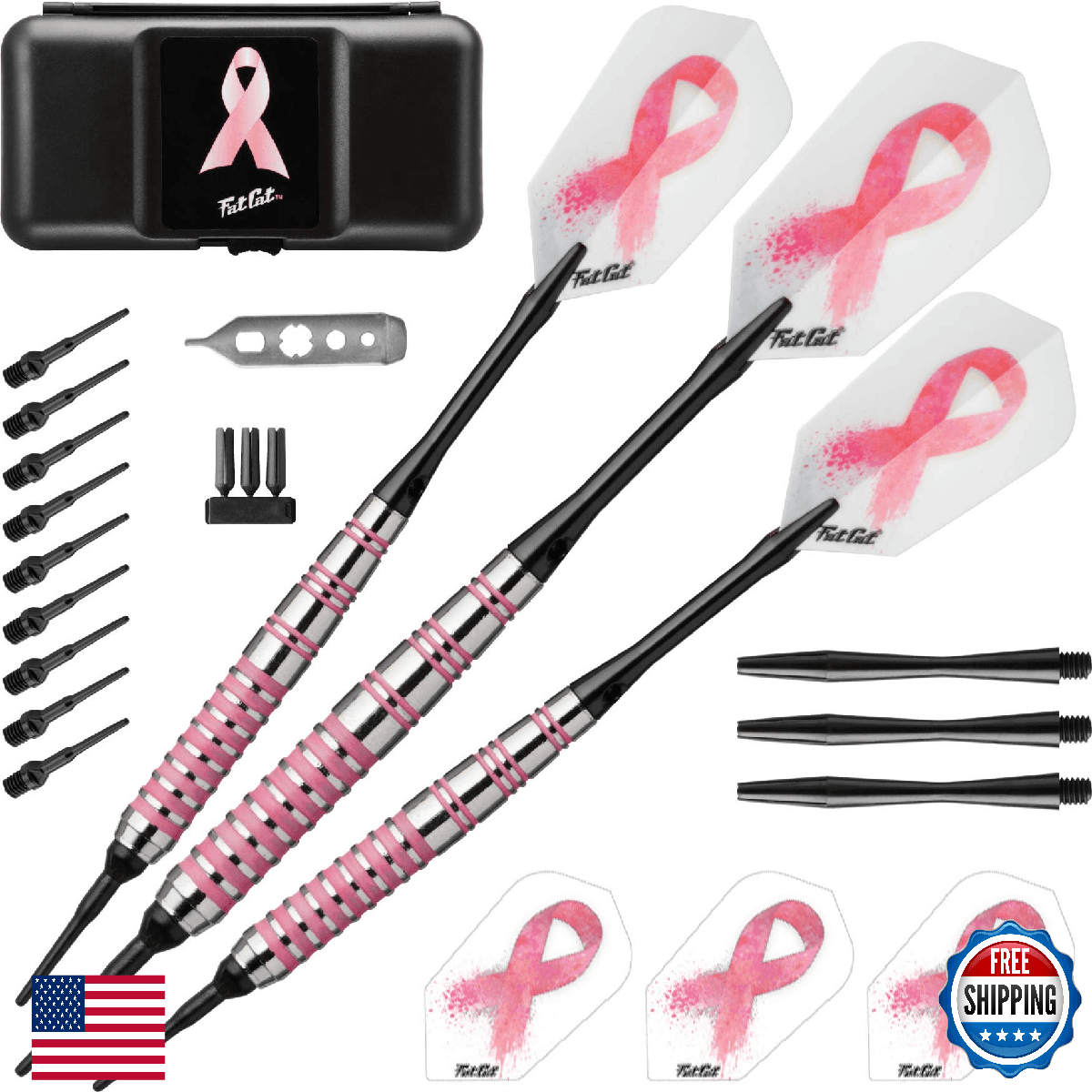 Fat Cat Pink Lady Soft Tip Darts w/Case, 16g - Breast Cancer Support - Image 1