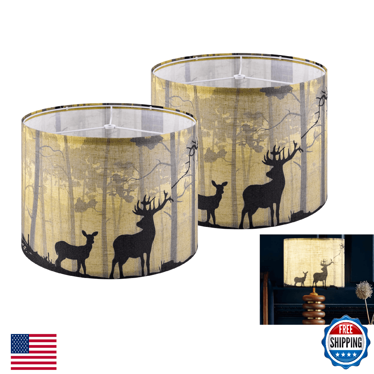 GOSO Multi-Yellow Deer Lamp Shades Medium Set of 2 Drum, Animal Print Lamp Shade - Image 1