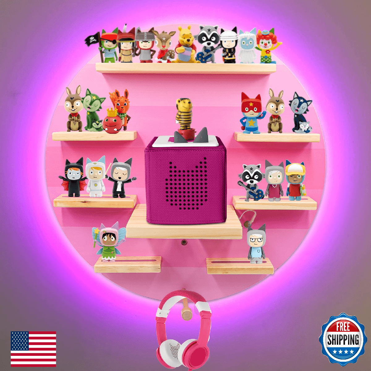 Toniebox 1/2 Display Shelf RGB LED Light, Magnetic Tonies Storage, Wooden - Image 1
