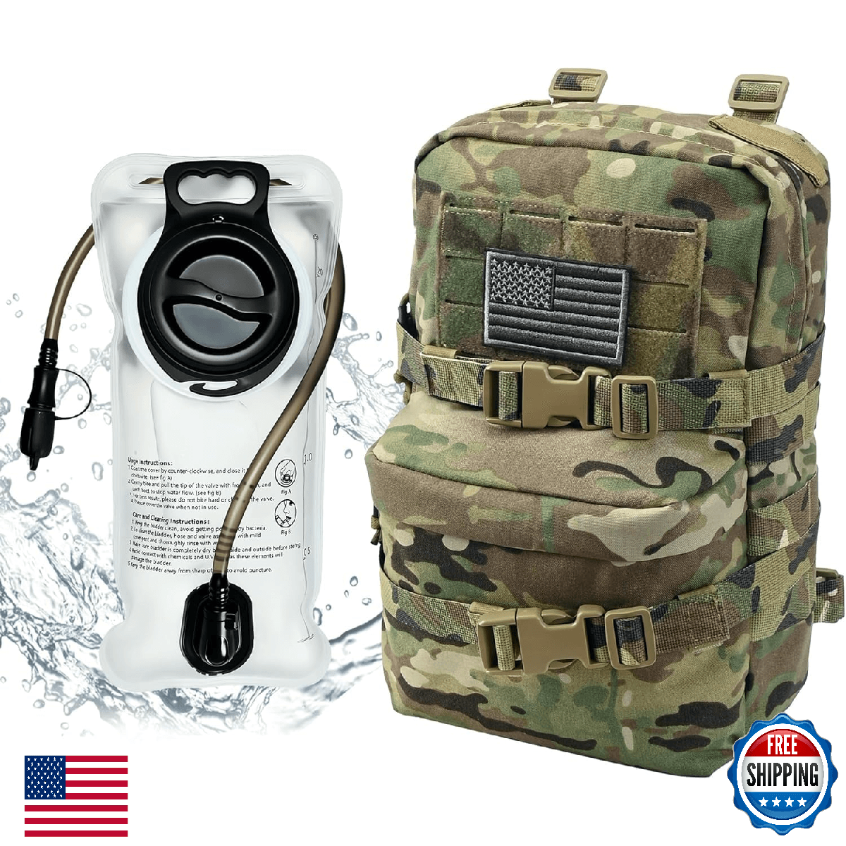 Tactical Mini Molle Hydration Pack Carrier US Flag Water Resistant Backpack - Image 1