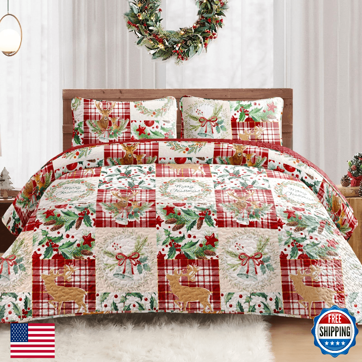 Exclusivo Mezcla Reversible Christmas Quilts King Size, Red Bedspread Lightweigh - Image 1