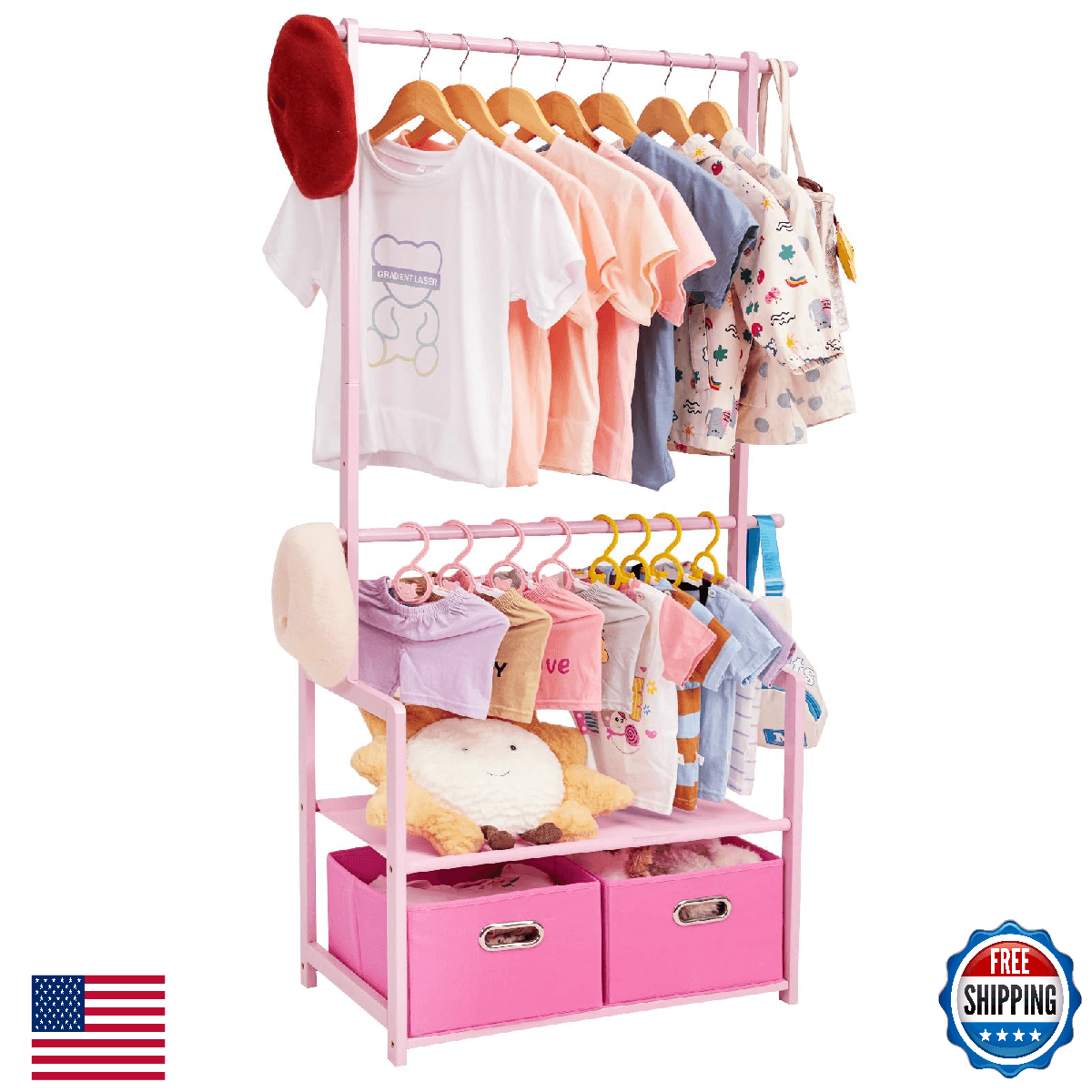 VILAXING Kids Bamboo Clothing Rack w/ 2 Baskets & 2 Adjustable Hanging Rods - Image 1
