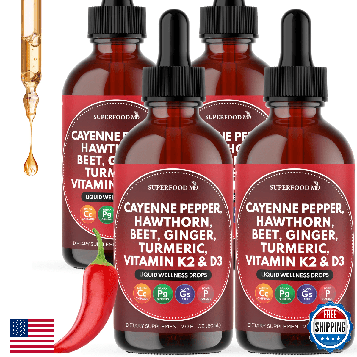 Cayenne Pepper Supplement Liquid Drops + Hawthorn Berry, Vitamin D3 K2 Beet Root - Image 1