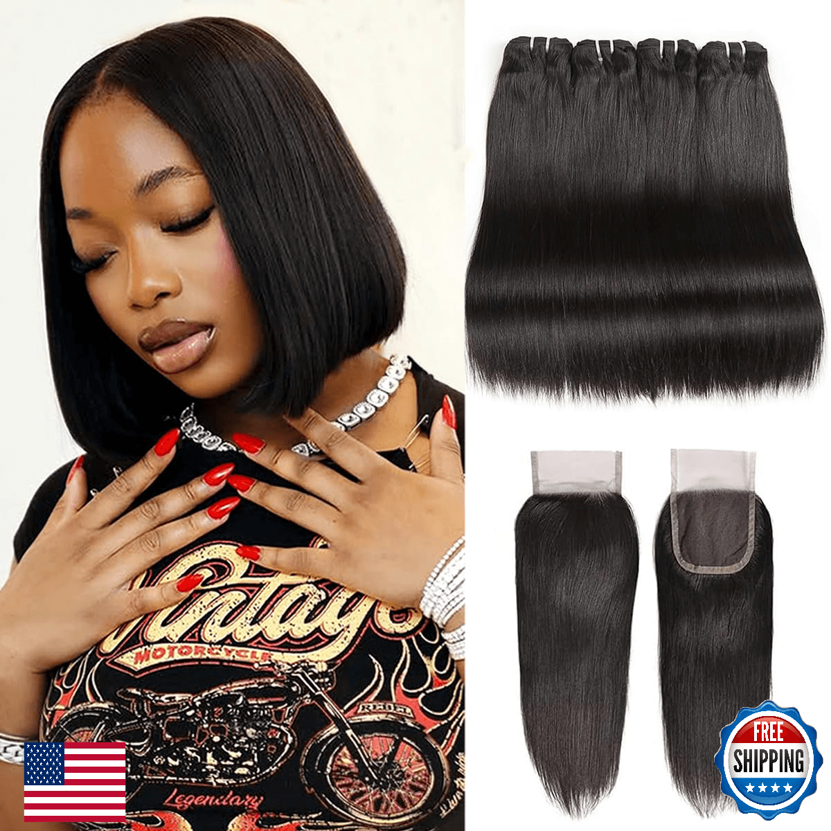 Liang Dian Straight Bundles with closure human hair 8 8 10 10 +10 Inch Human Hai - Image 1