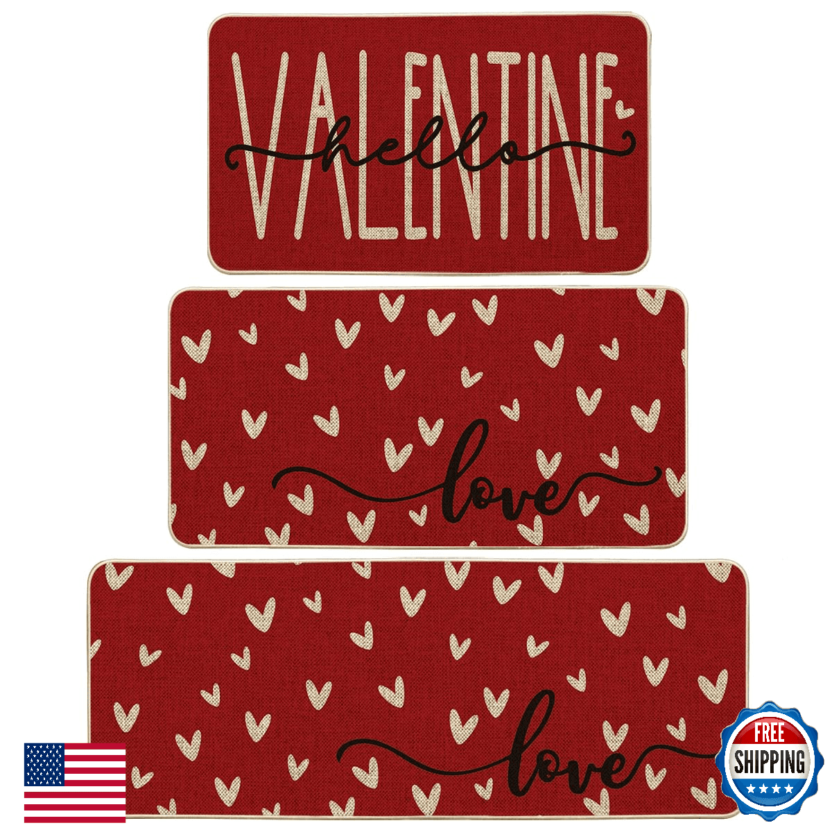 Artoid Mode Red Love Heart Hello Valentine's Kitchen Mats Set of 3 Home Decor Lo - Image 1