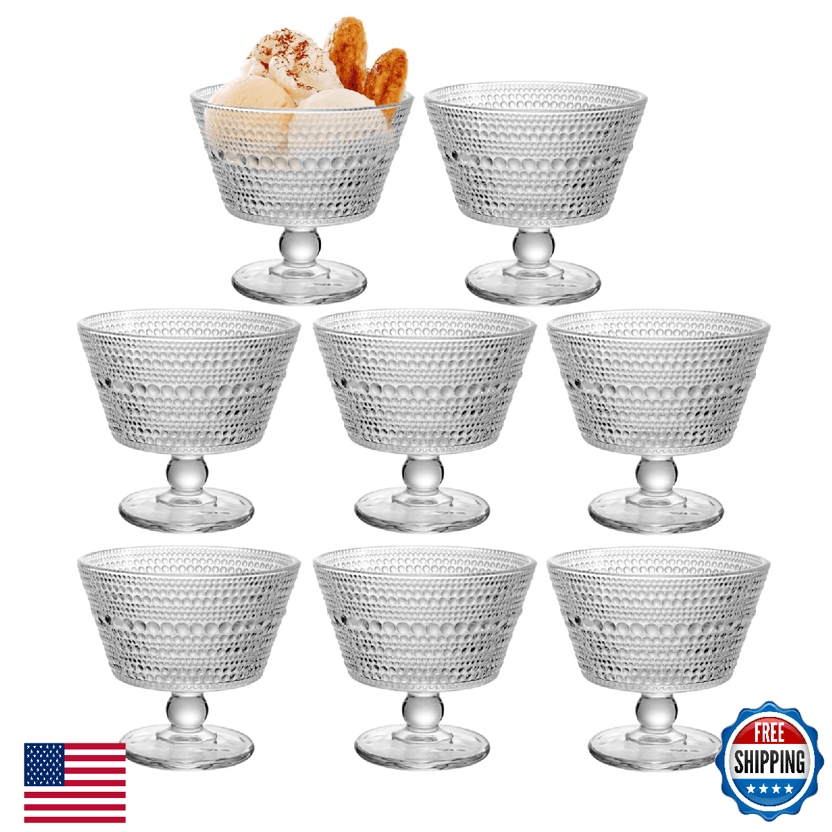 DNIENKGE 8-pc 9oz Glass Dessert Bowls Ice Cream Sundae Cups Vintage - Image 1