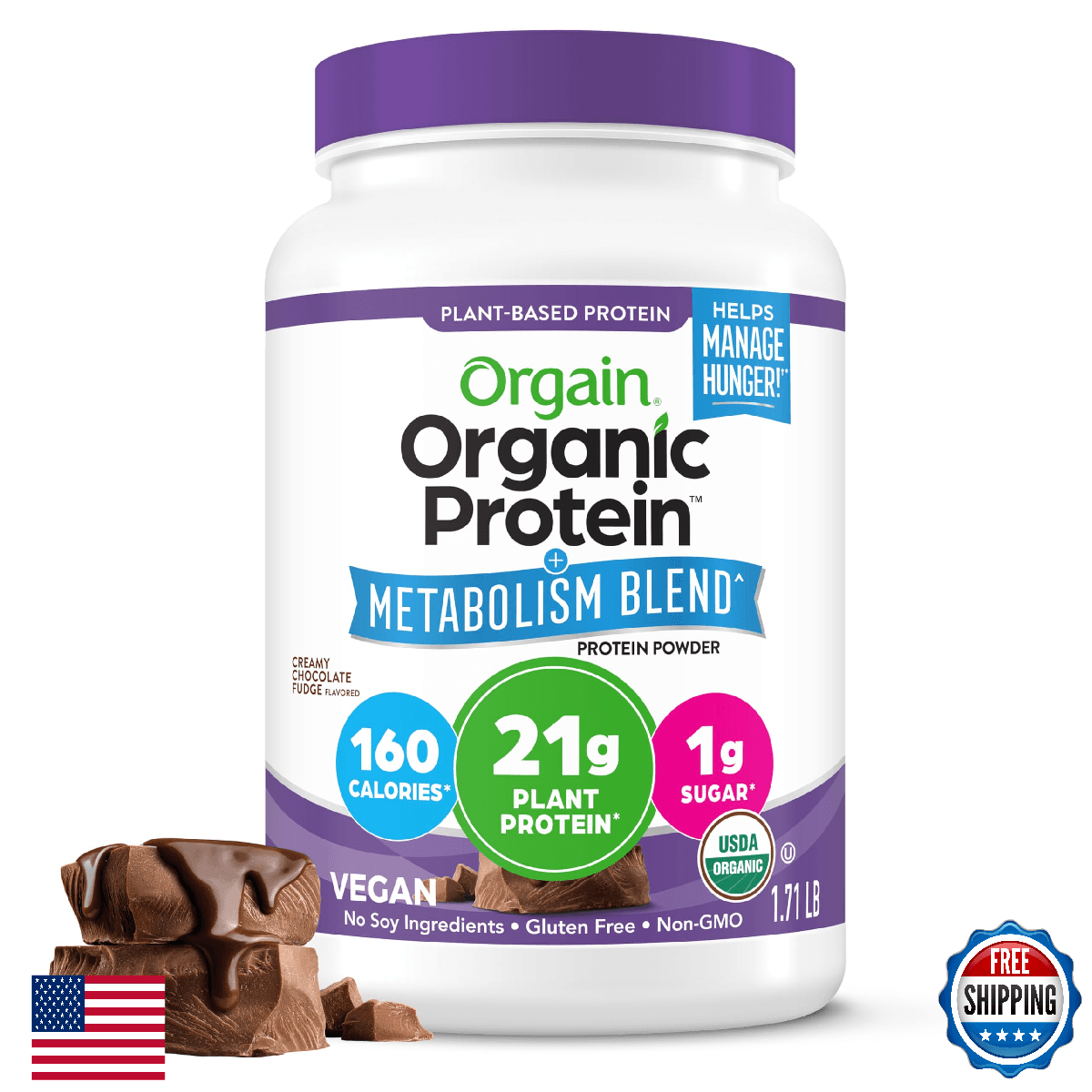 Orgain Organic Protein + Metabolism Blend Powder, Chocolate Fudge - 21g Plant Pr - Image 1