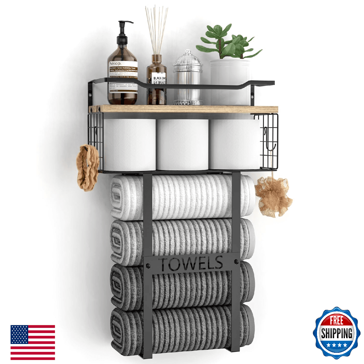 Bathroom Wall Mounted Towel Rack Set Above Toilet Storage Wooden Vertical Towel - Image 1