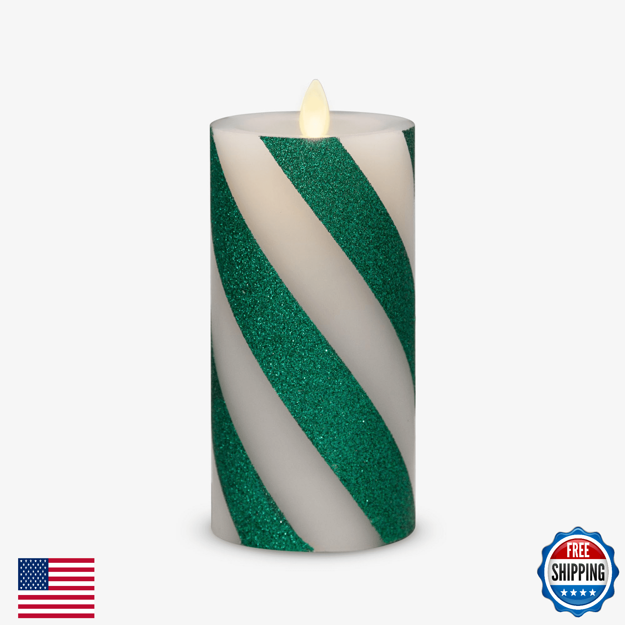 Luminara Flameless LED Candle, Moving Flame, Green Candy Cane, Battery Operated - Image 1