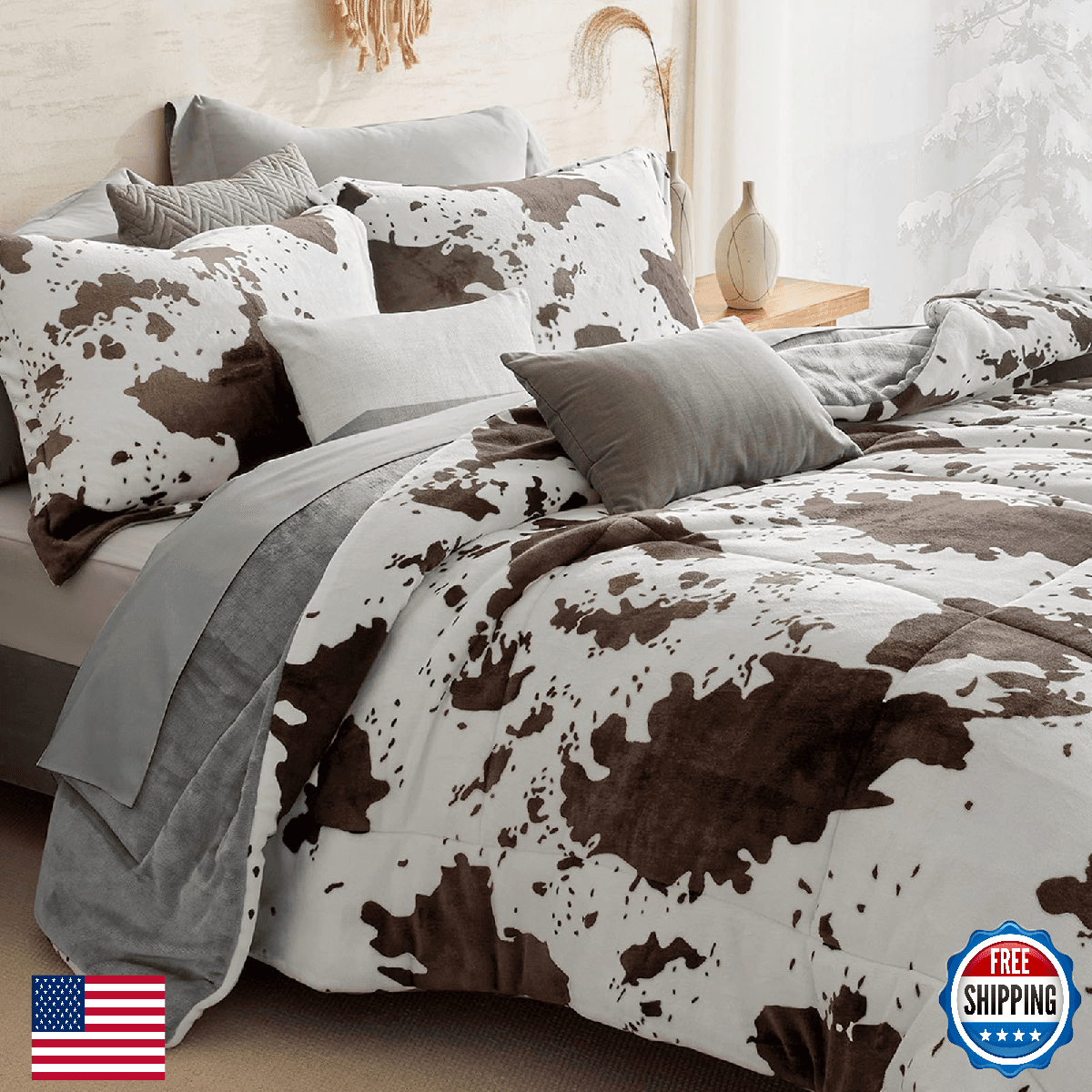 Petrichor Velvet Flannel Queen Comforter Set- Cow Print Western Style Blanket,Lu - Image 1