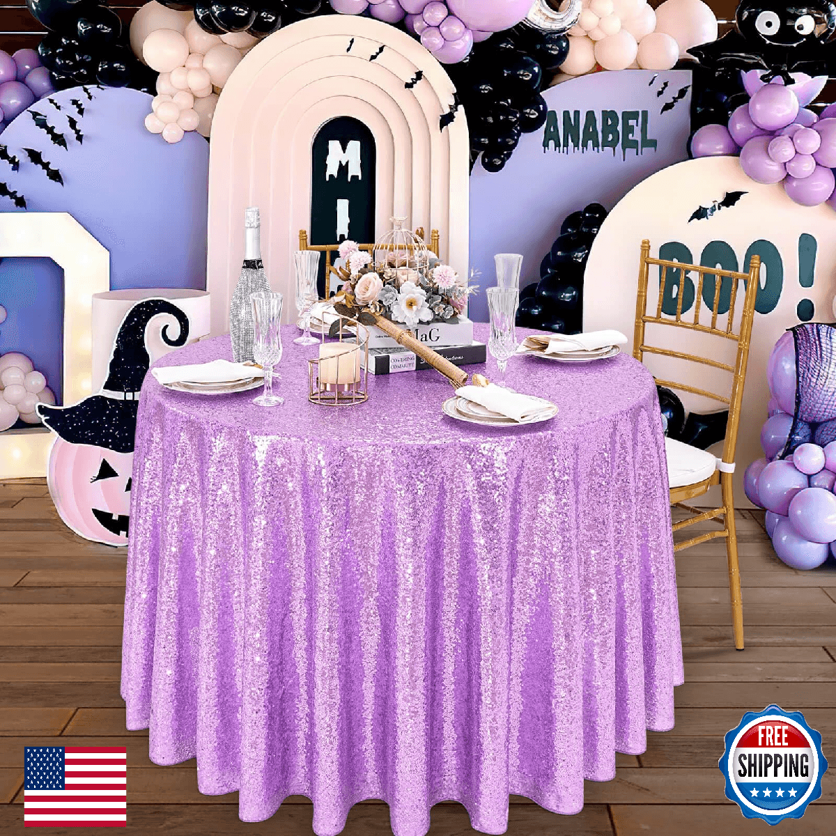 B-COOL Lavender Round Tablecloth 120 Inch Light Purple Sequin Table Cloth Glitte - Image 1