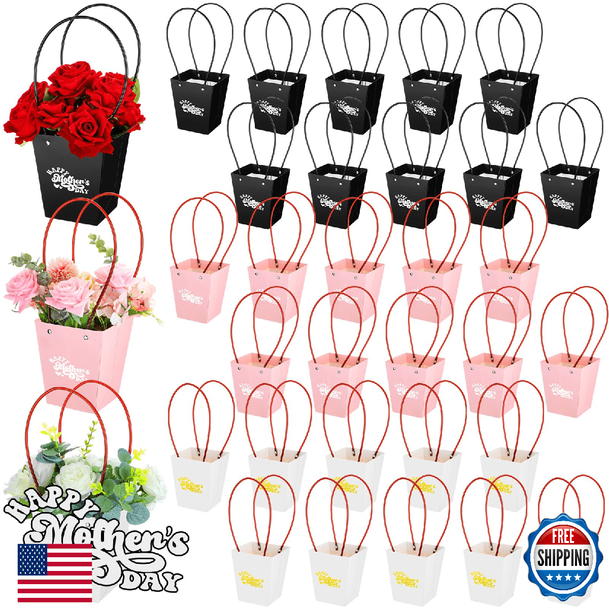 PerKoop 30 Pcs Kraft Paper Flower Box Flower Gift Bags with Handle Waterproof Pa - Image 1