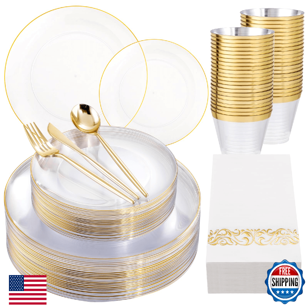 MirthMood 210PC Clear Gold Rim Party Plates Set for 30 Guests - Dinner Dessert - Image 1