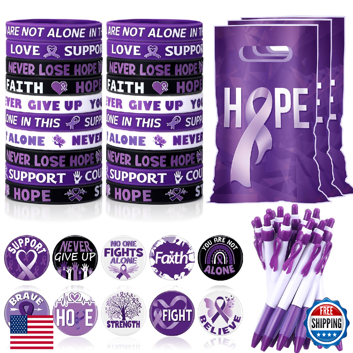 Supervitae 200 Pcs Purple Ribbon Awareness Campaign Support Kit with Gift Bags, - Image 1
