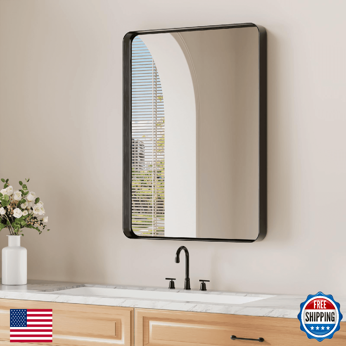 Koonmi Black Bathroom Mirror for Wall, 22x30 Inch Matte Metal Deep Framed Rounde - Image 1