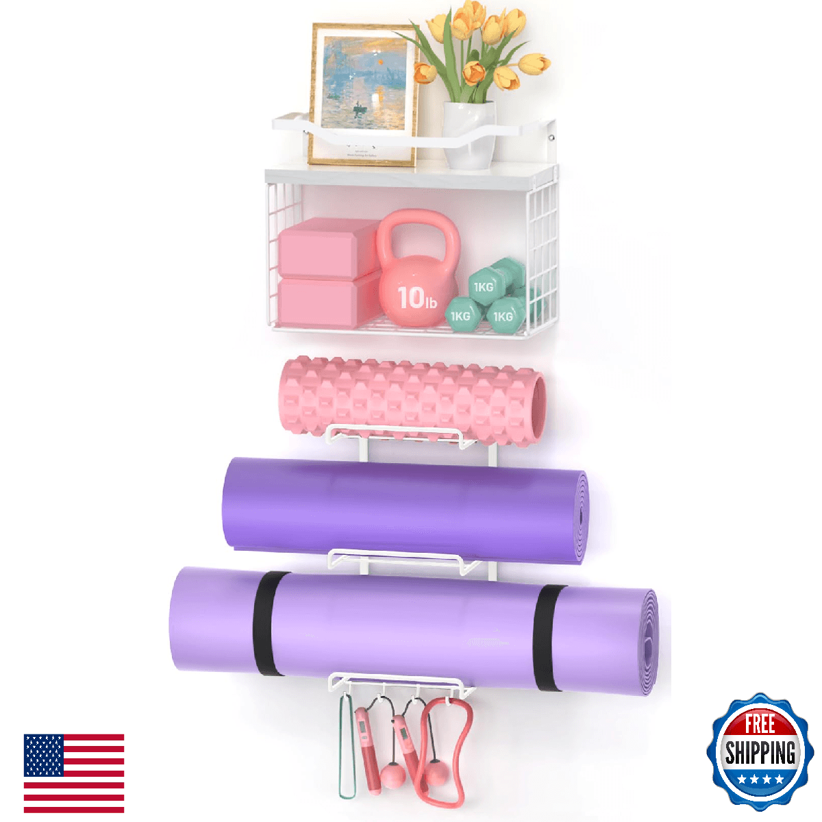 LIDTOP Yoga Mat Holder White, Wall Mount Yoga Accessory Mats Storage Rack, Home - Image 1