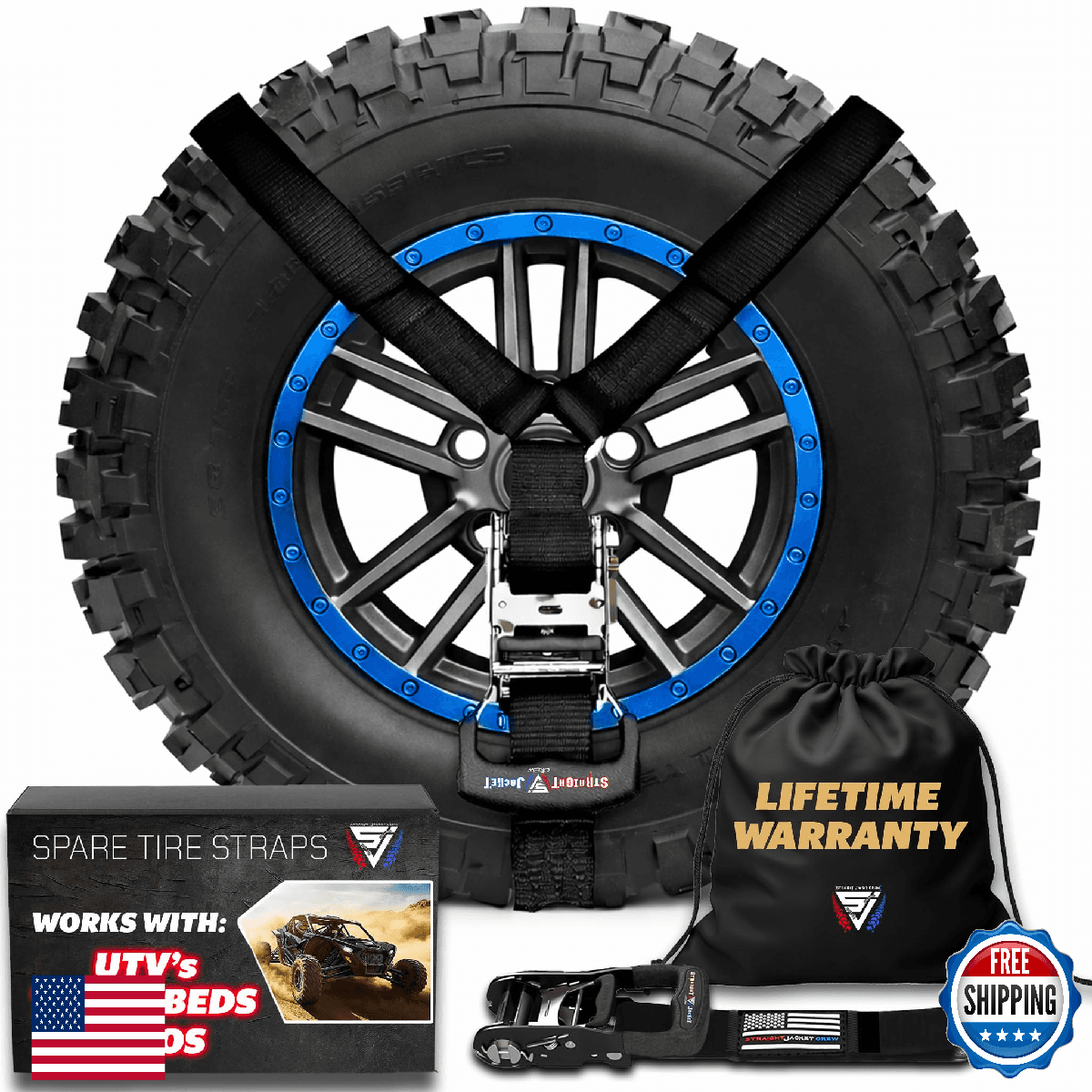 Straight Jacket Crew Heavy Duty Y-Strap Spare Tire 1.6" Ratchet Tie Down Offroad - Image 1