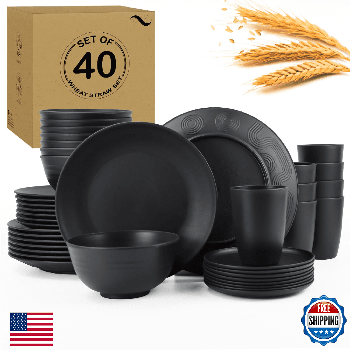 Wheat Straw Dishes Set 40 PCS,Service for 8,Unbreakable and Ruseable Plastic Din - Image 1