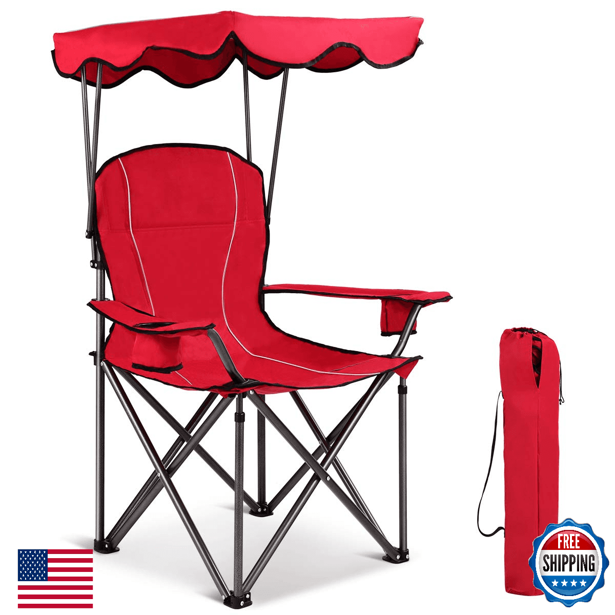 GYMAX Folding Camping Chair w/ Canopy, Cooler Bag & Cup Holder - 265lbs Capacity - Image 1
