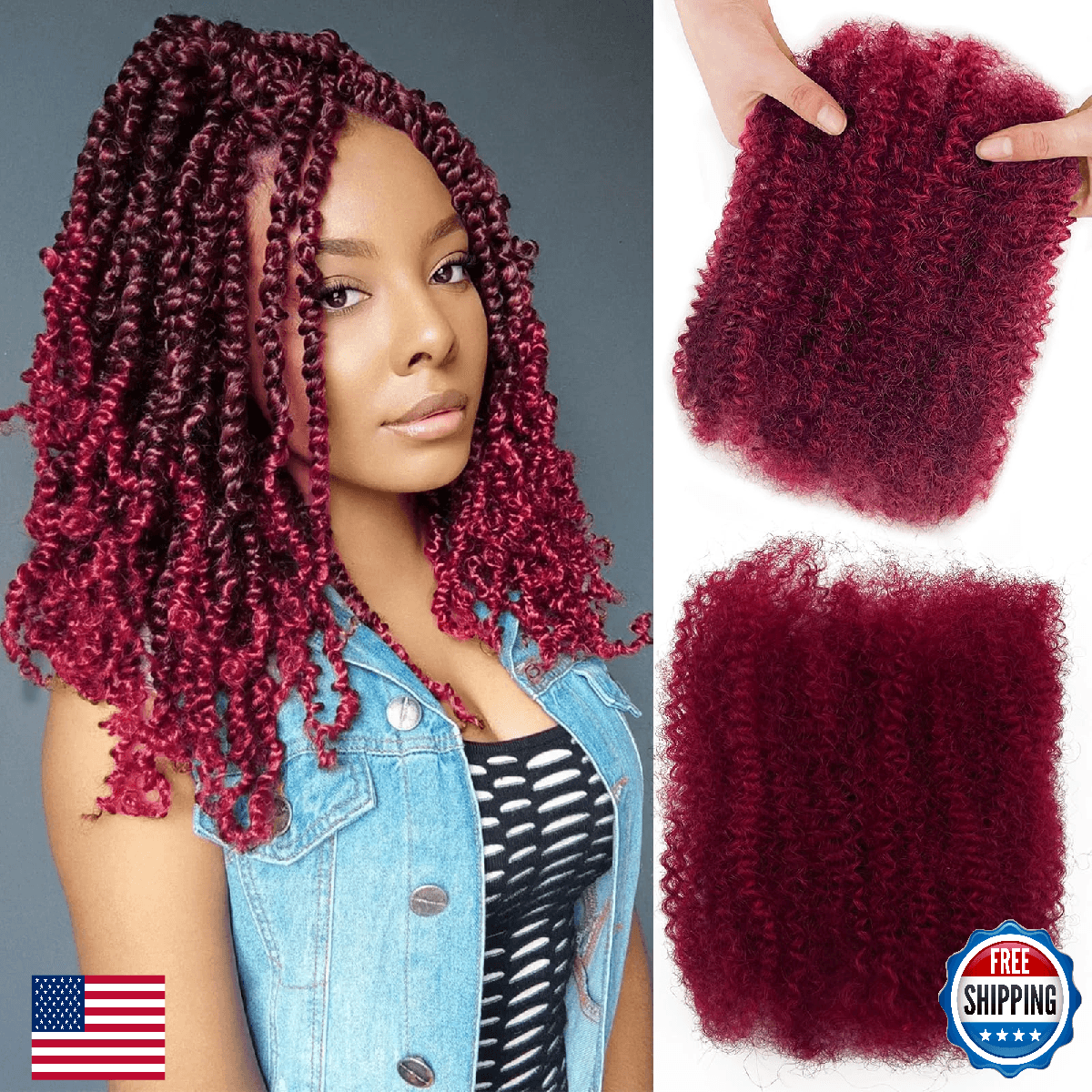 Afro Kinkys Bulk Human Hair 16 Inch 50g/Pack Burgundy Afro Twist Hair Braiding H - Image 1
