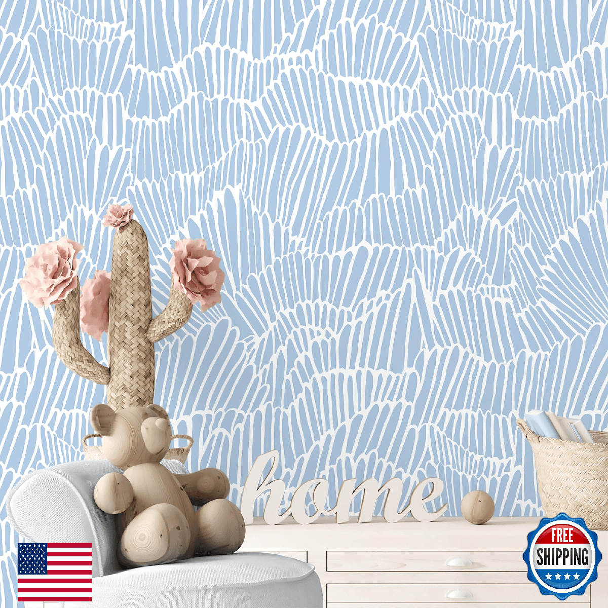 Guvana Blue & White Peel and Stick Wallpaper Modern Coastal Boho 17.3"x394" - Image 1