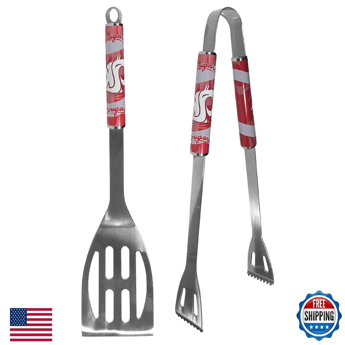 Washington State Cougars 2 Pc Steel BBQ Tool Set - Team Color Fan Gift - Image 1