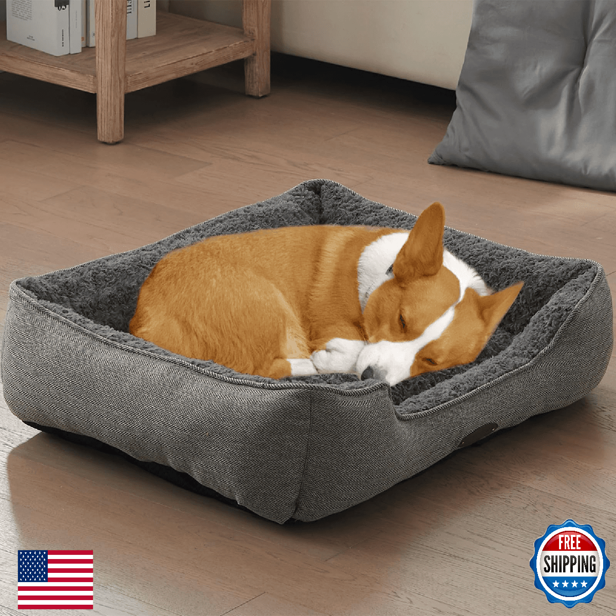 DEBANG HOME Small Dog Bed Rectangular Washable Plush Pet Bed with Pillow Non-Sli - Image 1