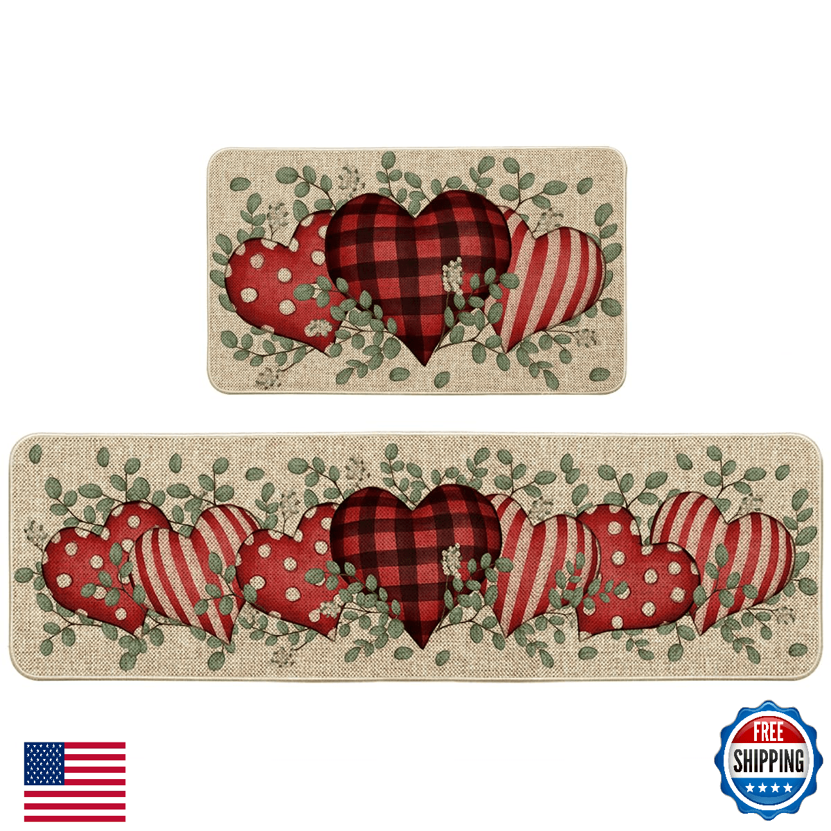 Artoid Mode Eucalyptus Love Heart Valentine's Decorative Kitchen Mats Set of 2, - Image 1