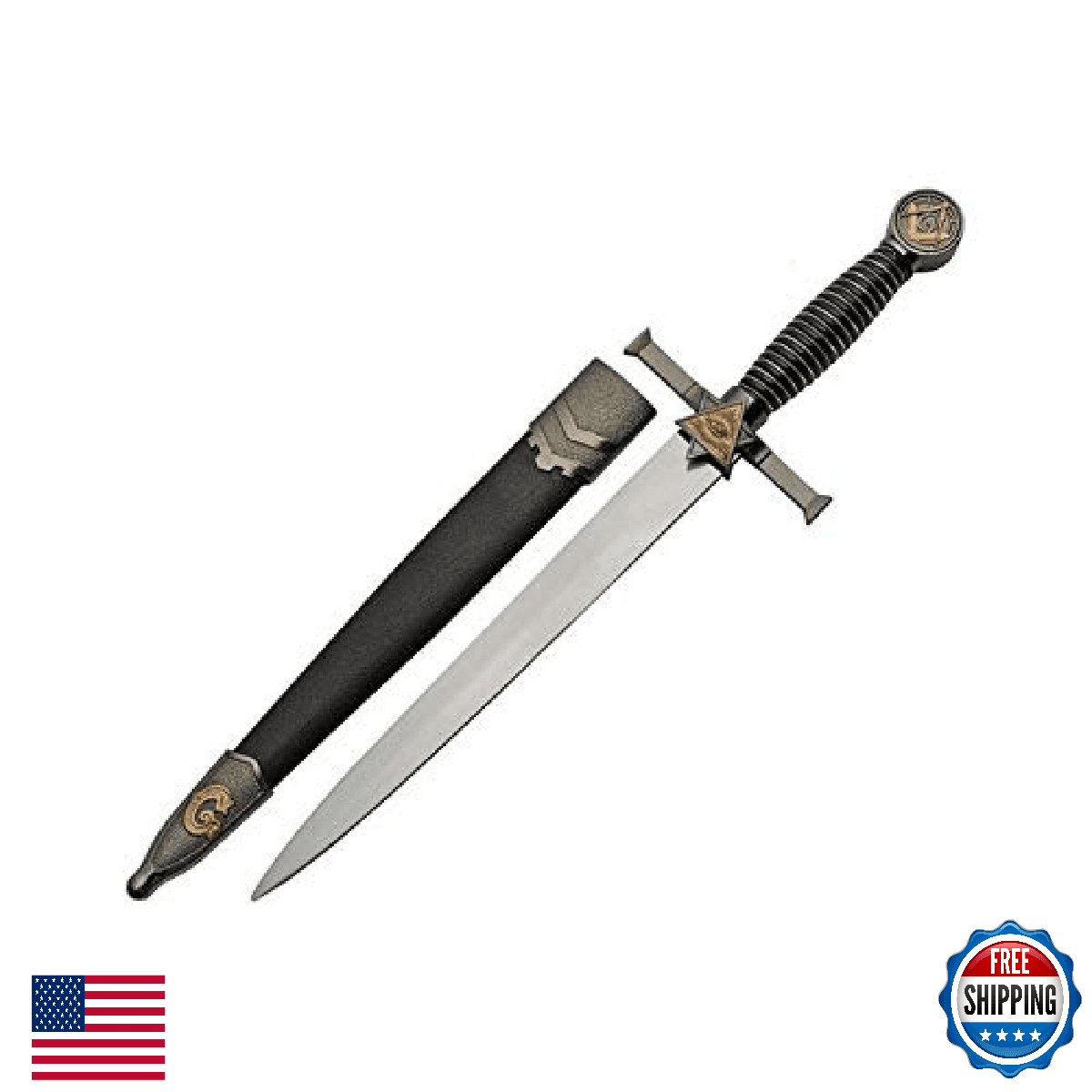 SZCO Masonic Knights Templar Dagger w/ Sheath, 15.5" 420 SS Blade, Black - Image 1