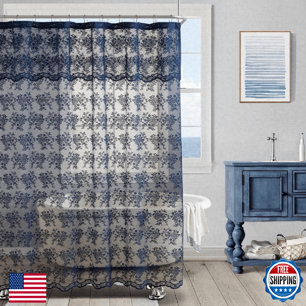 YJ YANJUN Navy Blue Shower Curtain with Attached Valance Vintage Floral Lace Bat - Image 1
