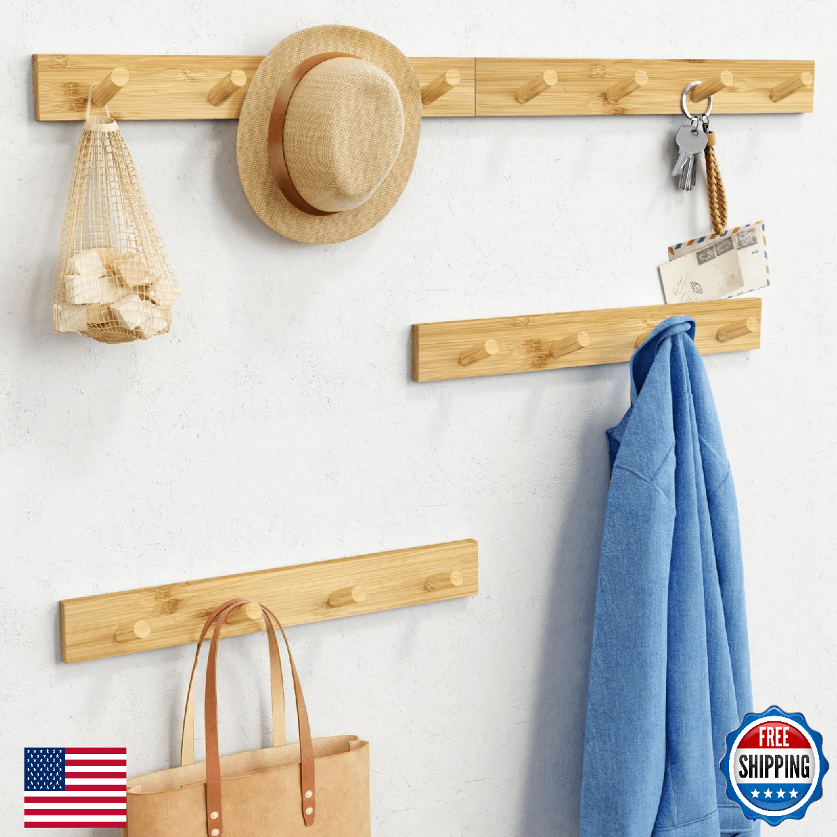 Forbena Wood Coat Rack Wall Mount Set of 4, Wooden Wall Hooks for Bathroom - Image 1