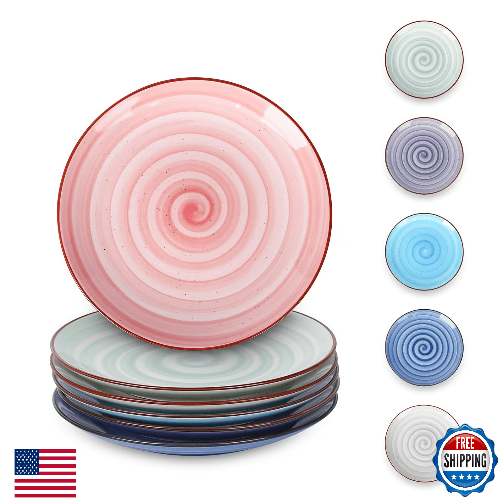 Selamica 6pc 6" Ceramic Dessert Appetizer Plates Set Kitchen Swirl Speckles - Image 1