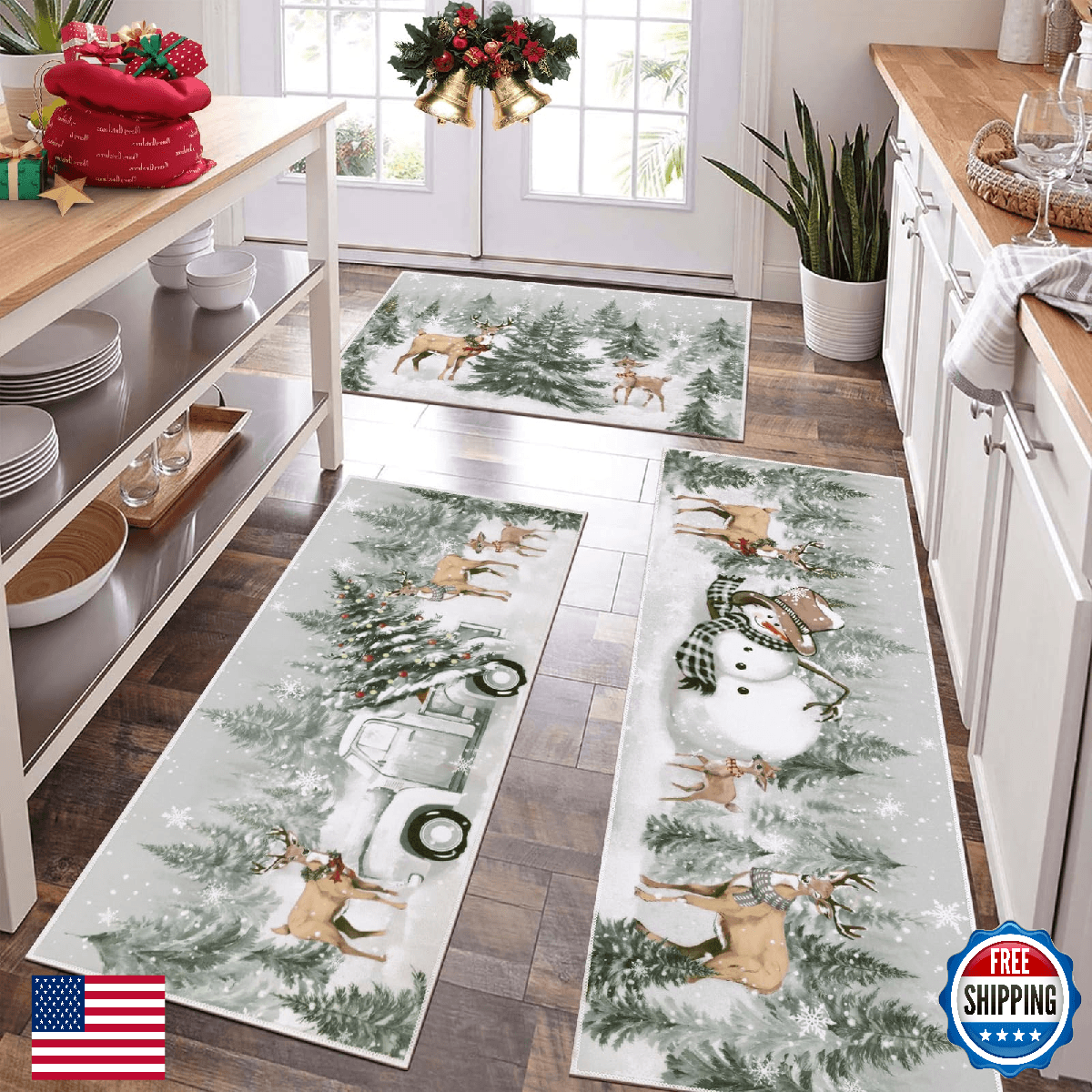 U'Artlines Christmas Kitchen Rug and Mat Set of 3, Non Skid Xmas Tree Snowman De - Image 1