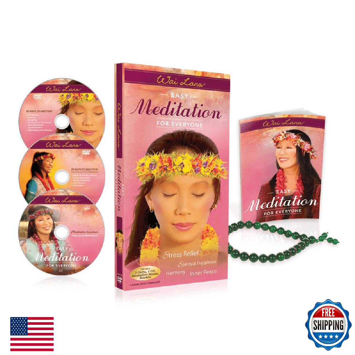 Wai Lana Easy Meditation Gift Set - 2 DVDs, 1 CD, Japa Beads, Yoga Sound - Image 1