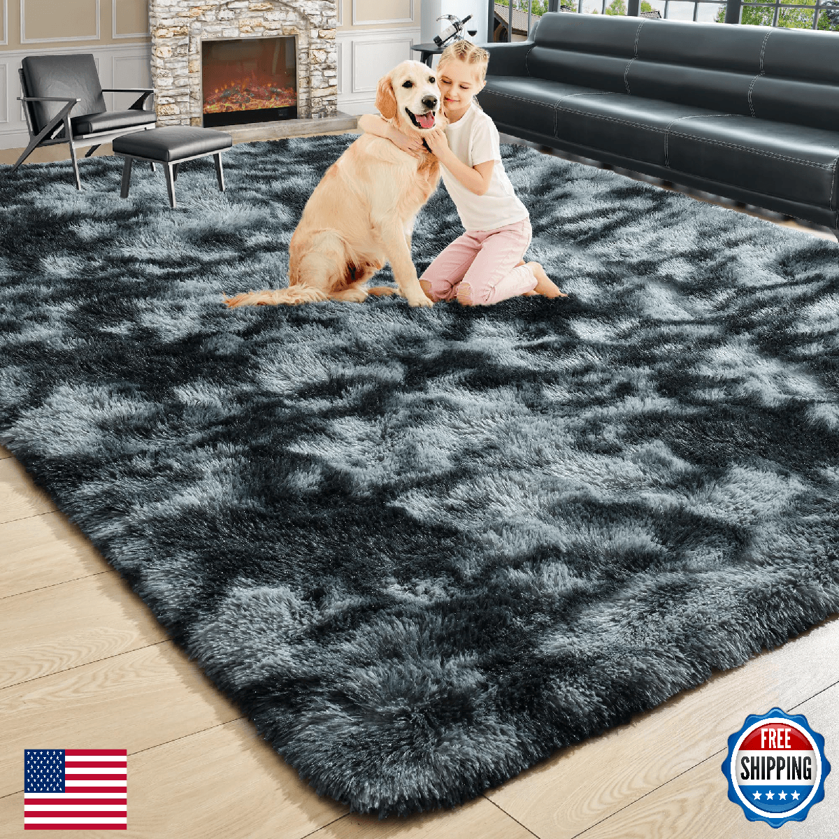 Noahas Large Fluffy 6x9 Area Rugs for Living Room Bedroom,Tie-Dyed Black and Gre - Image 1