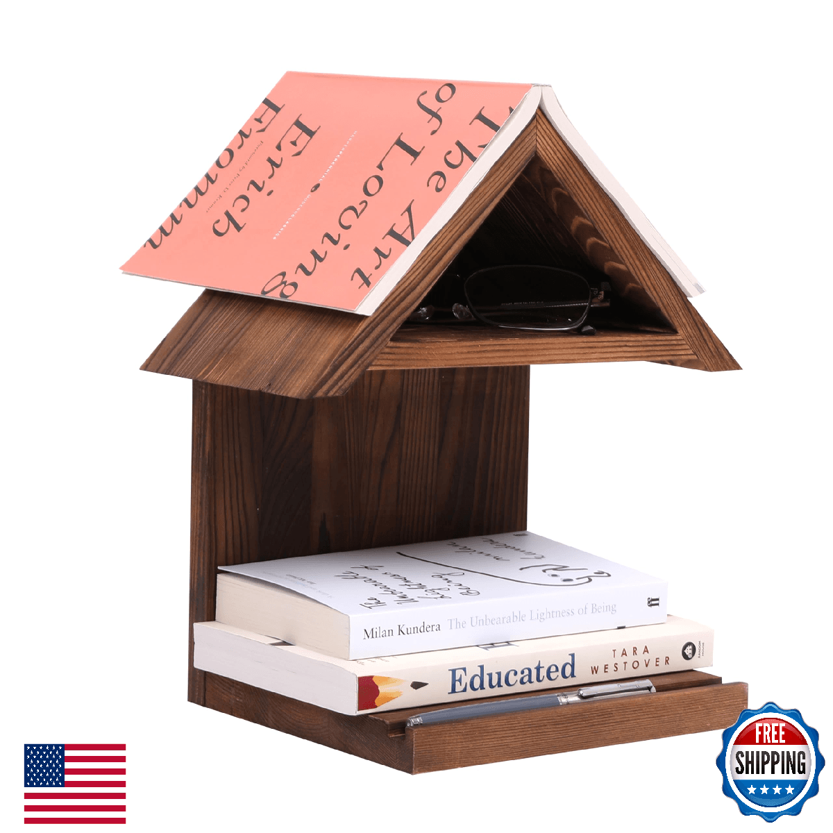 LETUBUYU Floating Bedside Wood Bookshelf, Triangle Book Page Holder Stand - Image 1
