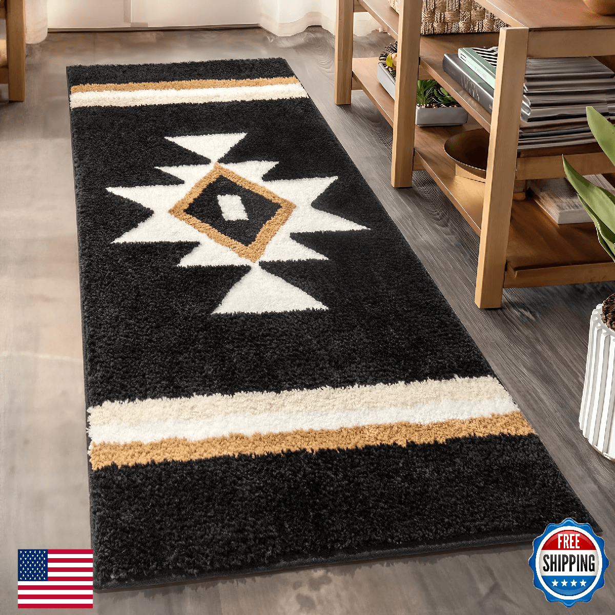TANVILL Boho Aztec Non-Slip Bathroom Rug Runner - Black Geometric Bath Mat - Image 1