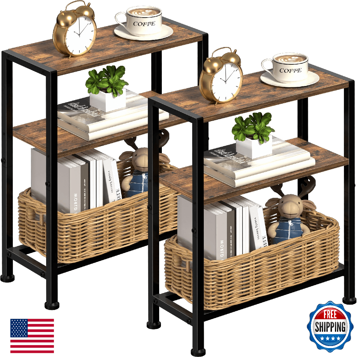 Narrow Side Table Set of 2 for Small Space, 2-Tier Small End Table with Shelf Ho - Image 1