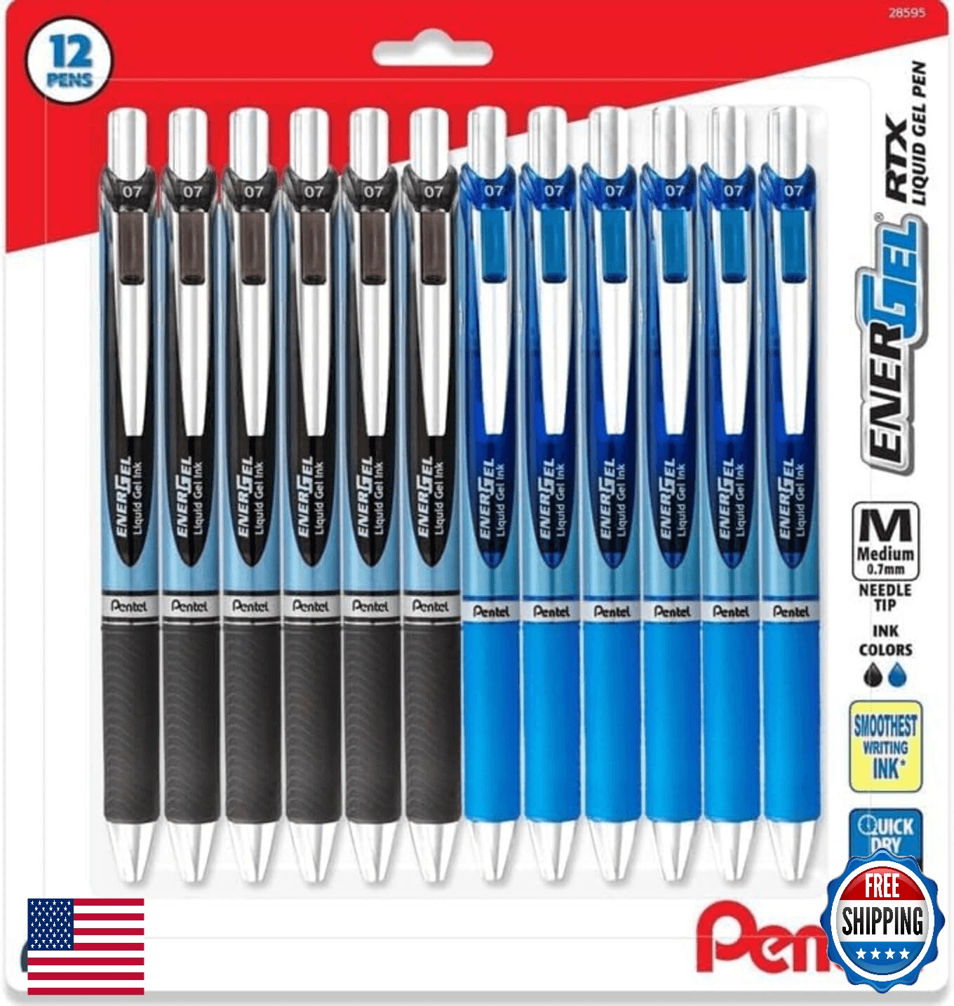 Pentel EnerGel 0.7mm RTX Retractable Liquid Gel Pens, 6 Black & 6 Blue, Needle T - Image 1