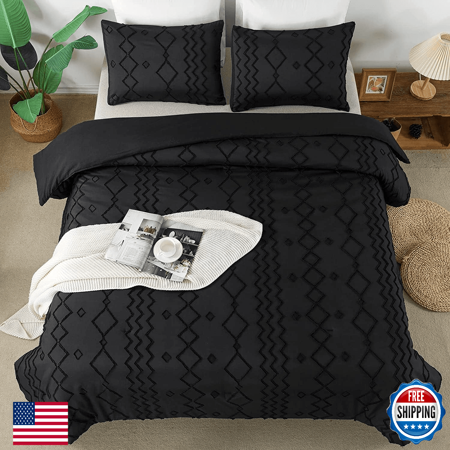 Andency Black Tufted Comforter Set Twin 2pc Boho Microfiber Down Alternative - Image 1