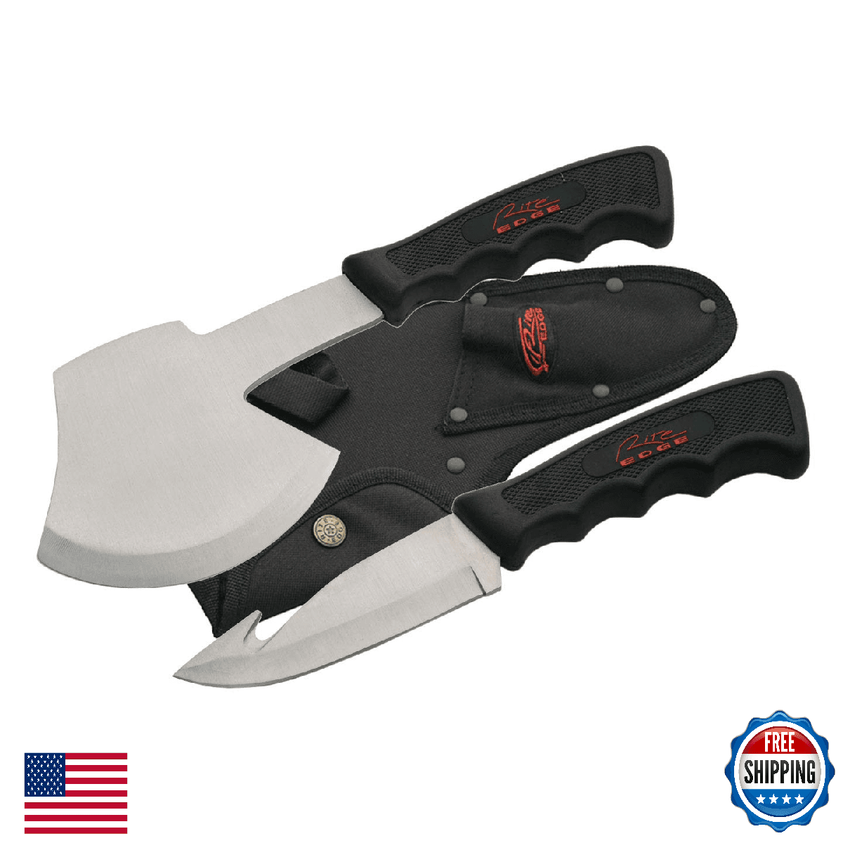 Rite Edge 2-PC Hunting Knife & Hatchet Set, Stainless Steel Gut Hook, Sheath - Image 1