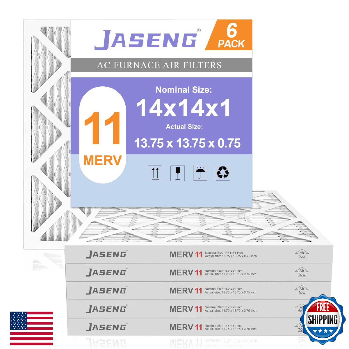 JASENG 14x14x1 Furnace Air Filters 6-PK MERV 11 MPR 1000 FPR 7 HVAC Filter - Image 1