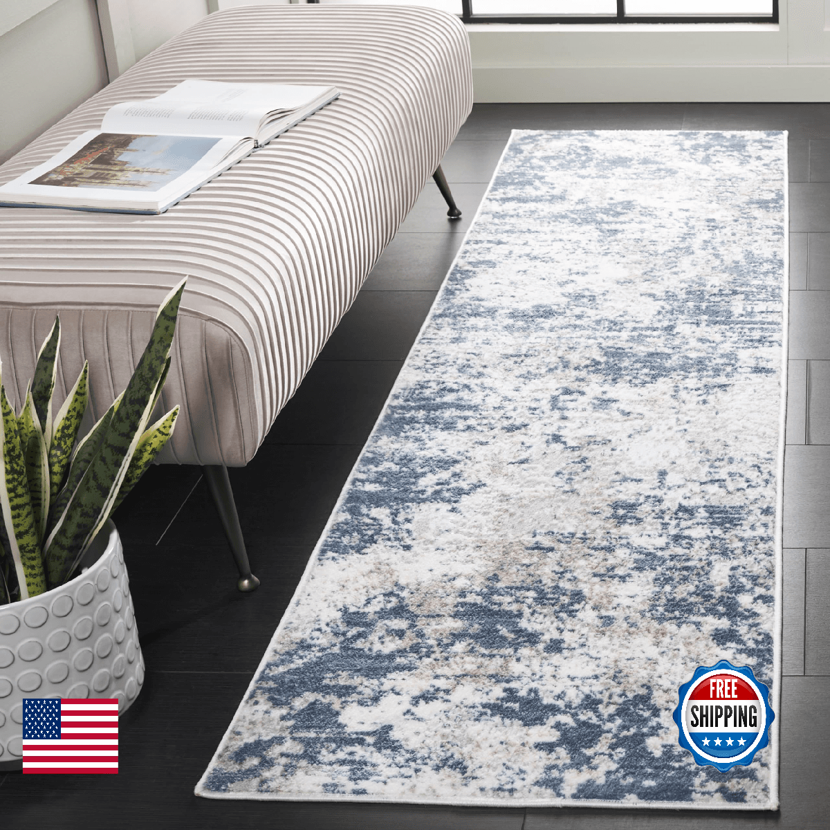 SAFAVIEH Amelia Collection Runner - 2'2" x 8', Dark Blue & Grey, Modern Abstract - Image 1