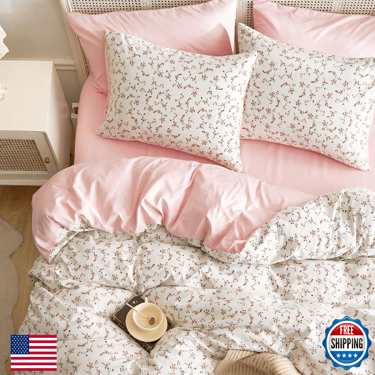 Wake In Cloud Floral Comforter Set, Coquette Cottagecore Cute Flower, Queen 3-Pi - Image 1