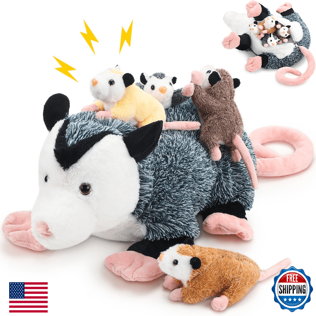 Hollowfly 5Pcs Stuffed Opossum: Mom Plush w/ 4 Baby Opossums - Magnetic - Image 1