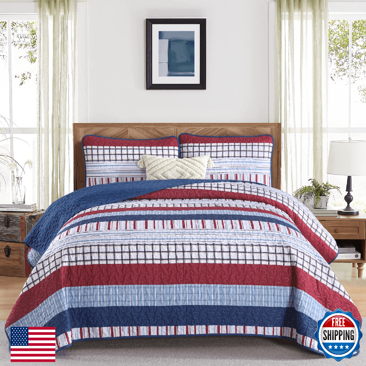 DJY Striped Quilt Set King Size Red Blue Boho Bedspread Coverlet 3 Pieces Microf - Image 1
