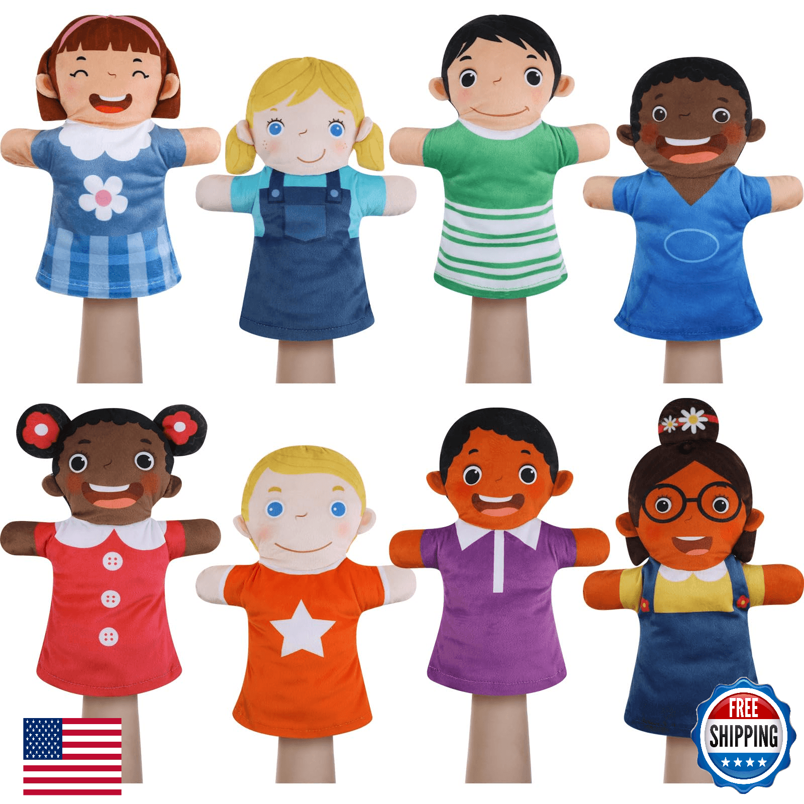 Poen 8 Pcs Hand Puppets Set for Kids Multicultural Hand Puppets Bulk Soft Plush - Image 1
