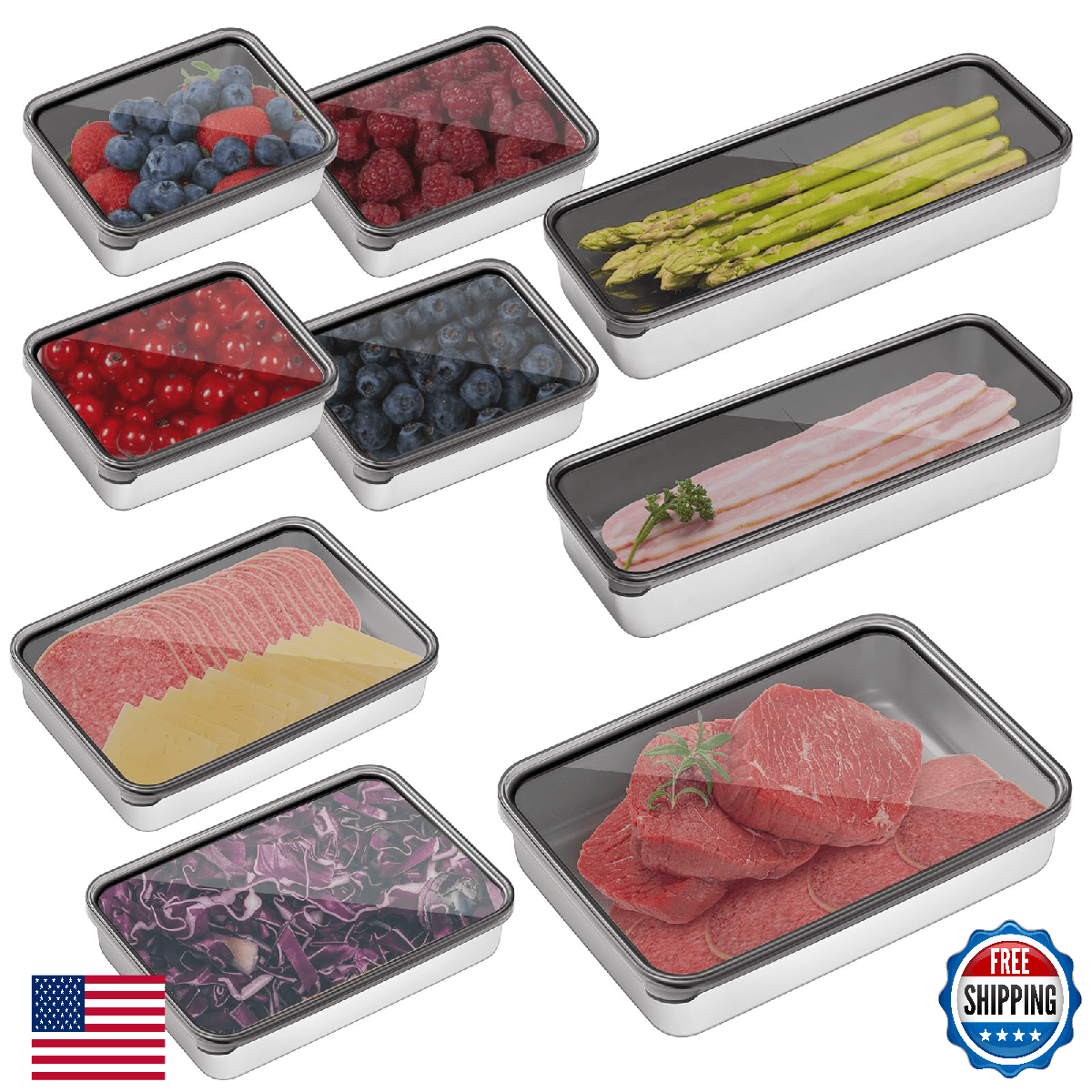 Hushee 9 Pack 304 Stainless Steel Bacon Cheese Container w/Lids for Refrigerator - Image 1