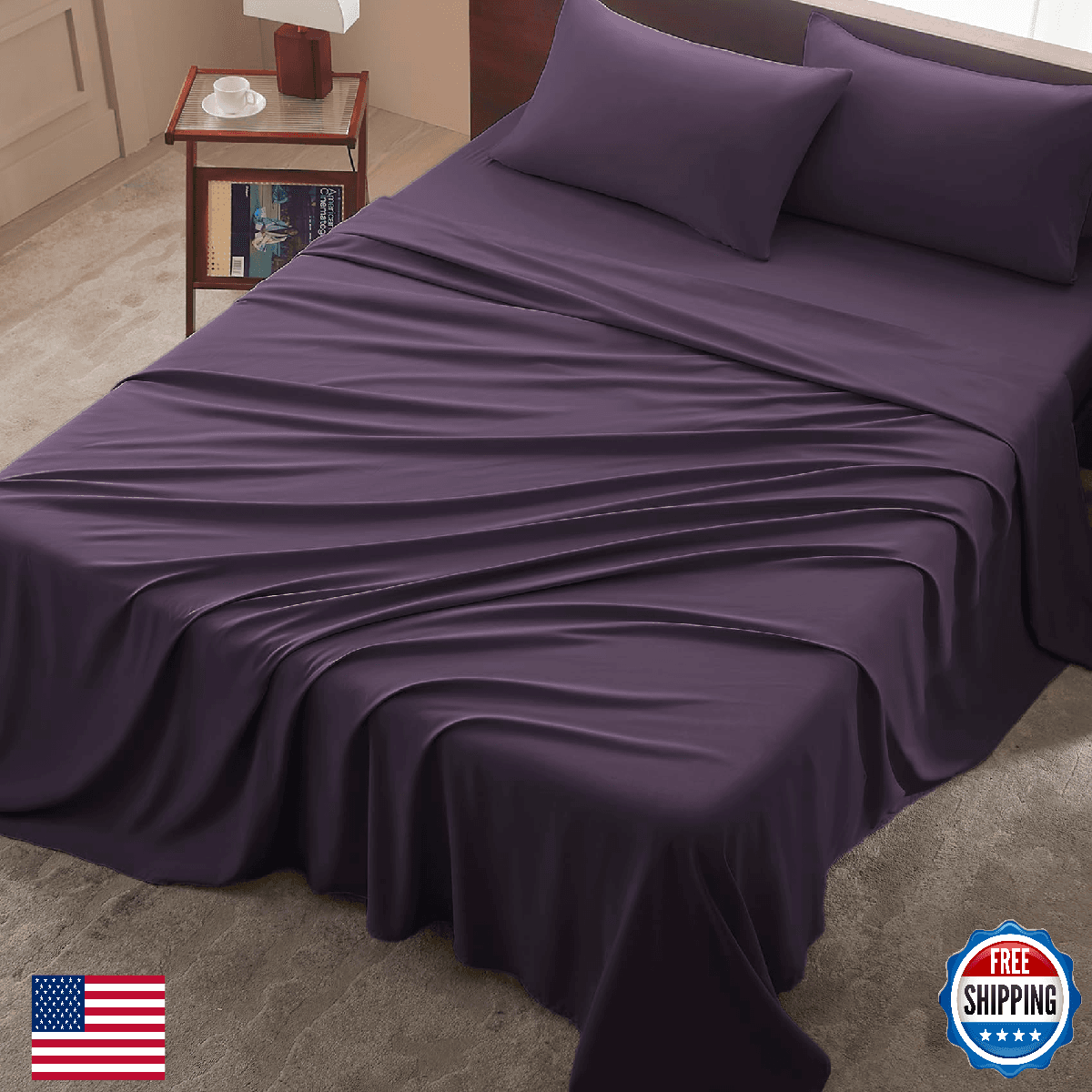 USXIBEI Queen Size 4 Piece Sheet Set - Comfy Breathable & Cooling Bed Sheets Set - Image 1