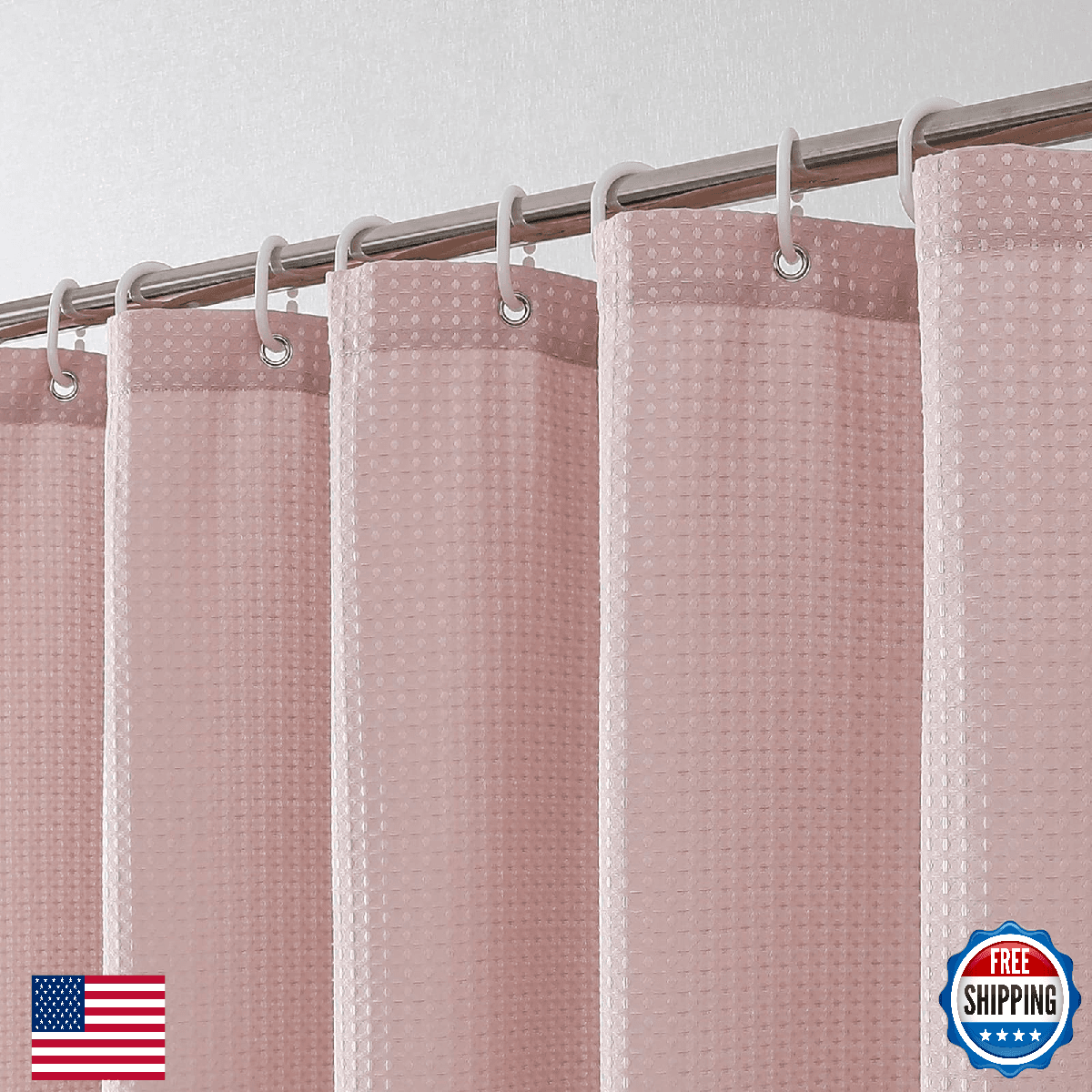 OVZME Blush Pink 96" Long Waffle Weave Heavy Fabric Shower Curtain Set - Image 1